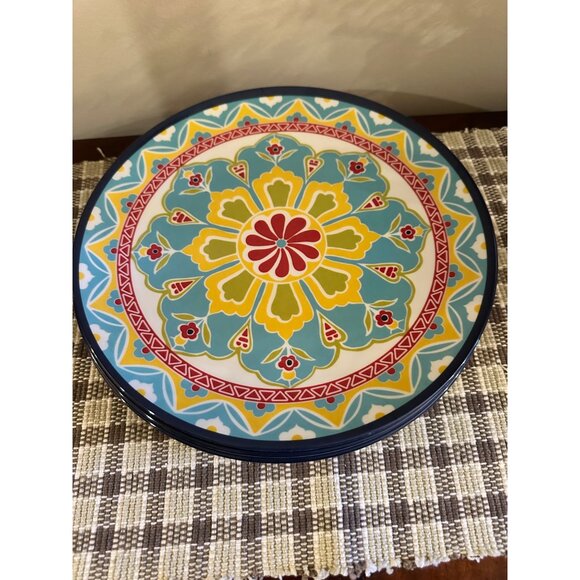 Floral Mediterranean Medallian Set Of 6 Colorful 11" Melamine Dinner Plates - Picture 3 of 10